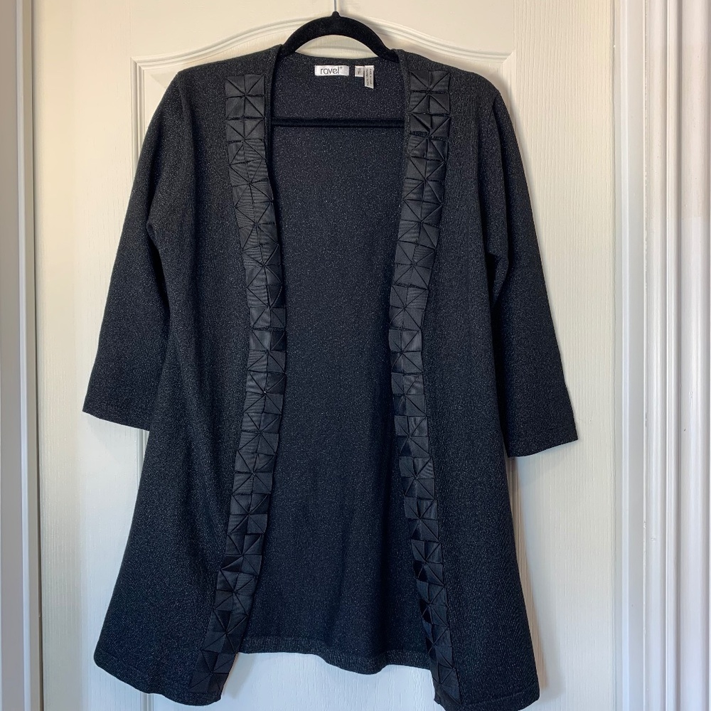 Ravel Black Open-Front Knit Cardigan‎ with Origami Ribbon Trim – Chic & Modern S